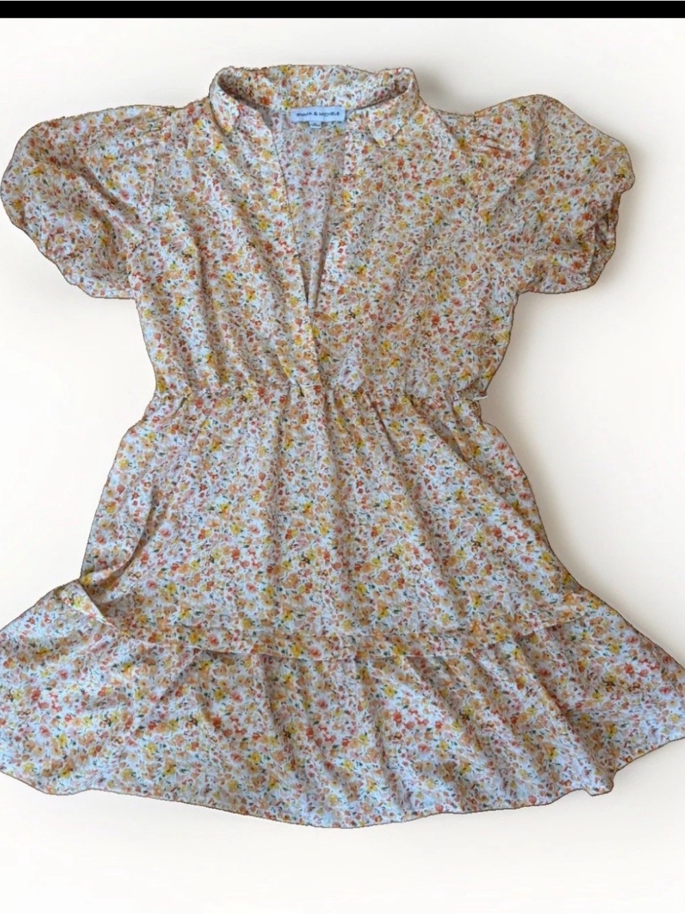 Emma & Michele XL Yellow Orange Floral Shirt Dress Puff Sleeve Tiered Cottage